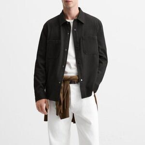 ZARA Men's Black Military Jacket Size S Casual Button-Up Long Sleeve faux suede